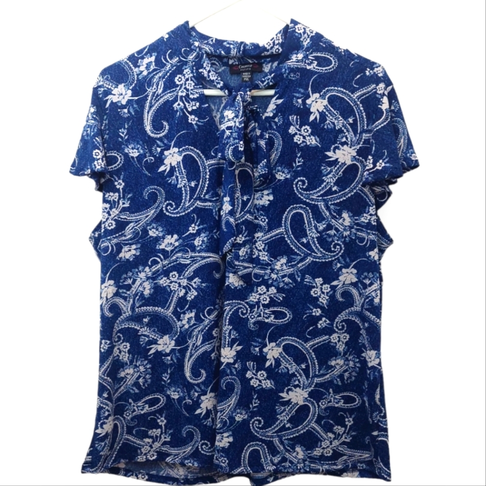Cocomo Petite Women's Size XL XLP Blouse Blue Cap Sleeve Shirt Tie Neck Petite